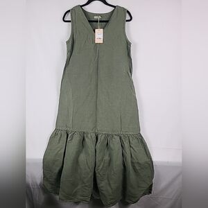 NWT Menique 100% Linen Aurora Smock Dress Midi Stone Green Size Small  $129